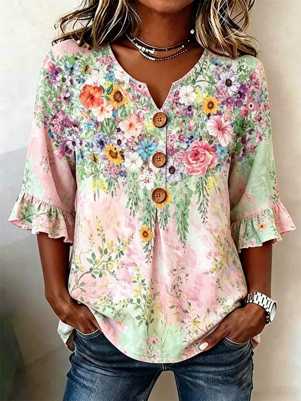 Women's Half Sleeve Floral Lightweight Loose Shirt
