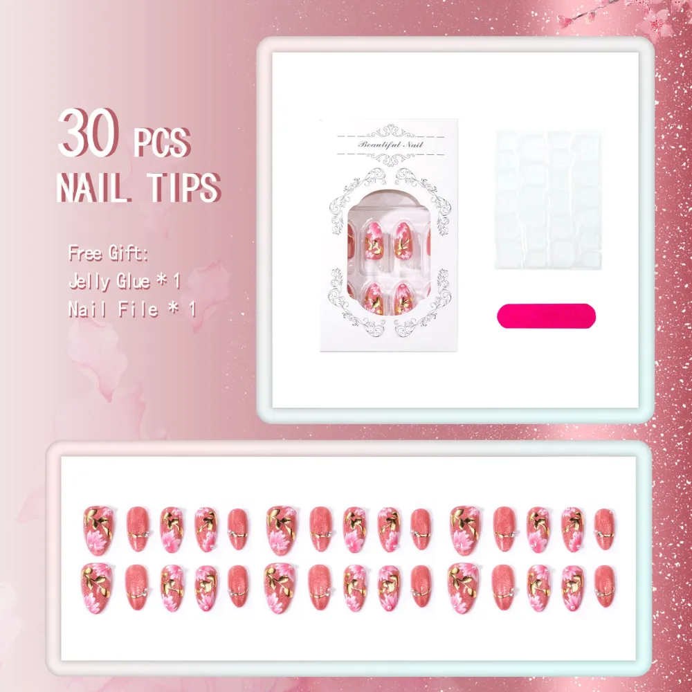 Nailhour 30Pcs Floral Pearl 3D Medium Almond French Press On Nails