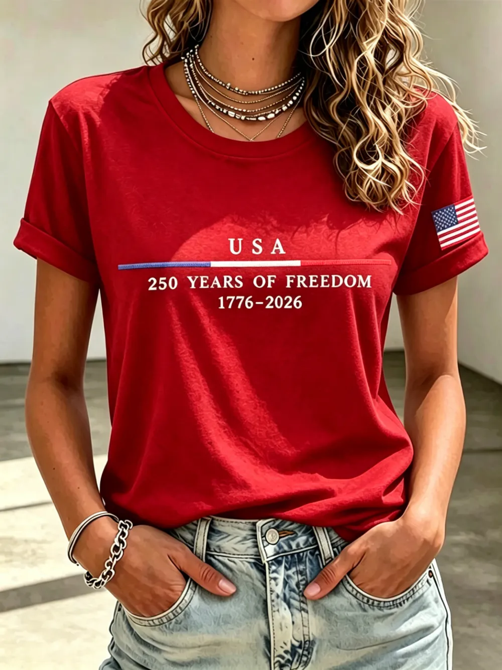 Ladies' Casual American 250Th Anniversary Embroidered Commemorative Round Neck Short Sleeved T-Shirt