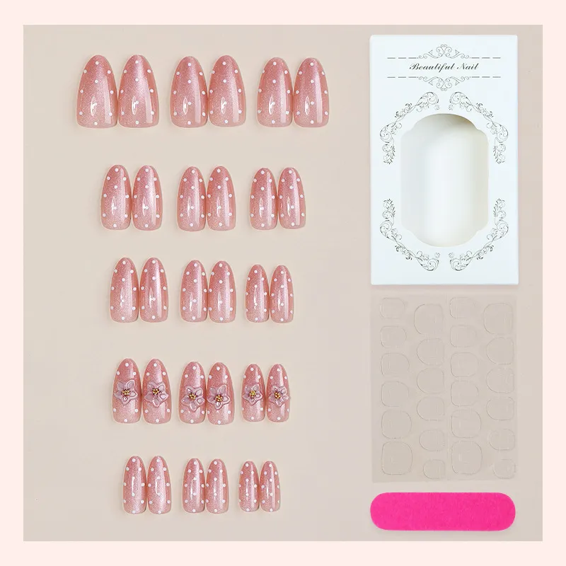 Nailhour 30Pcs Nude Vintage Floral Medium Almond Press On Nails