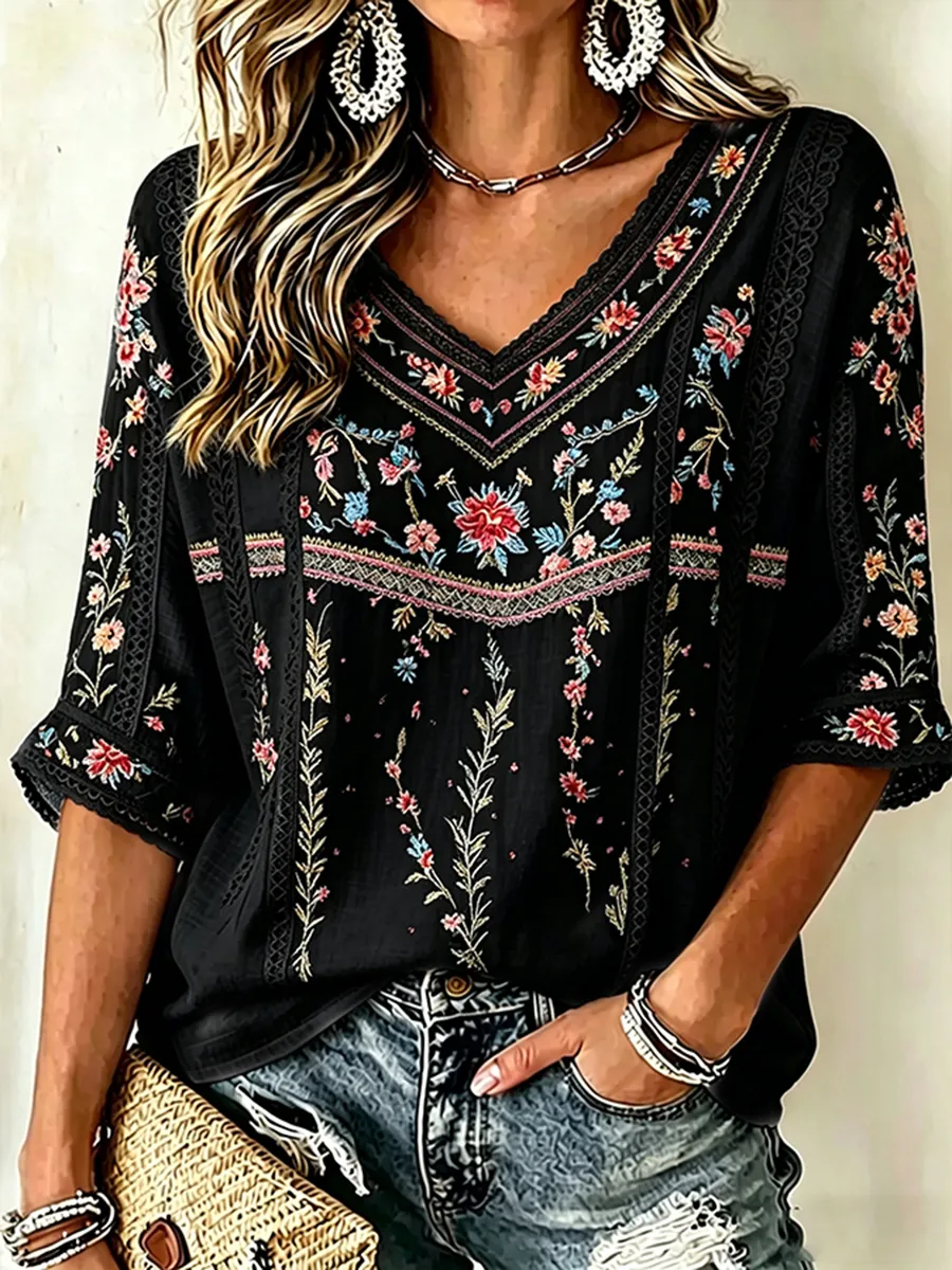 Women's Floral Embroidered Lace Trim V-Neck Blouse