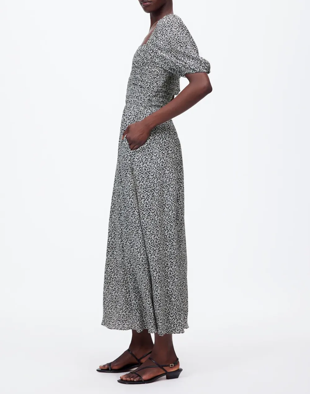 Smocked Puff-Sleeve Midi Dress In Floral