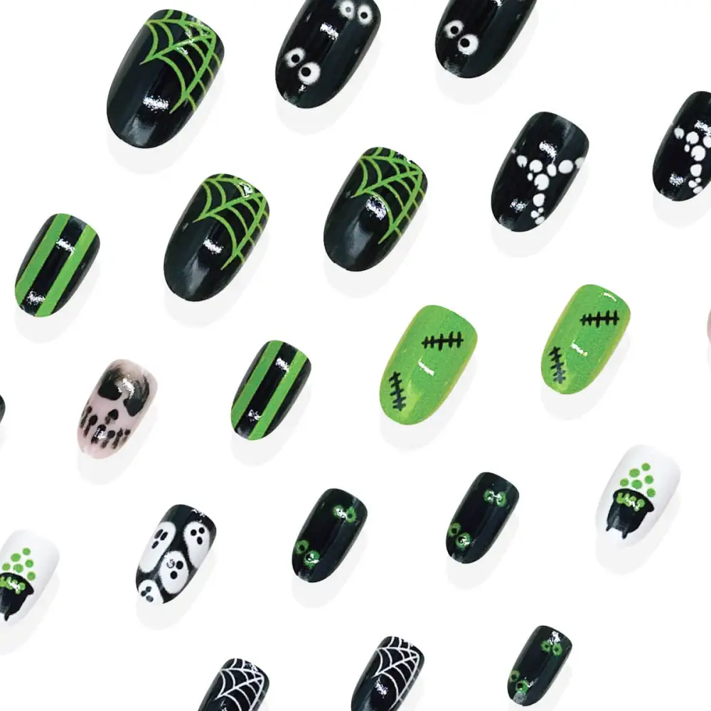 Nailhour 24Pcs Halloween Medium Oval Neon Ghost Press On Nails