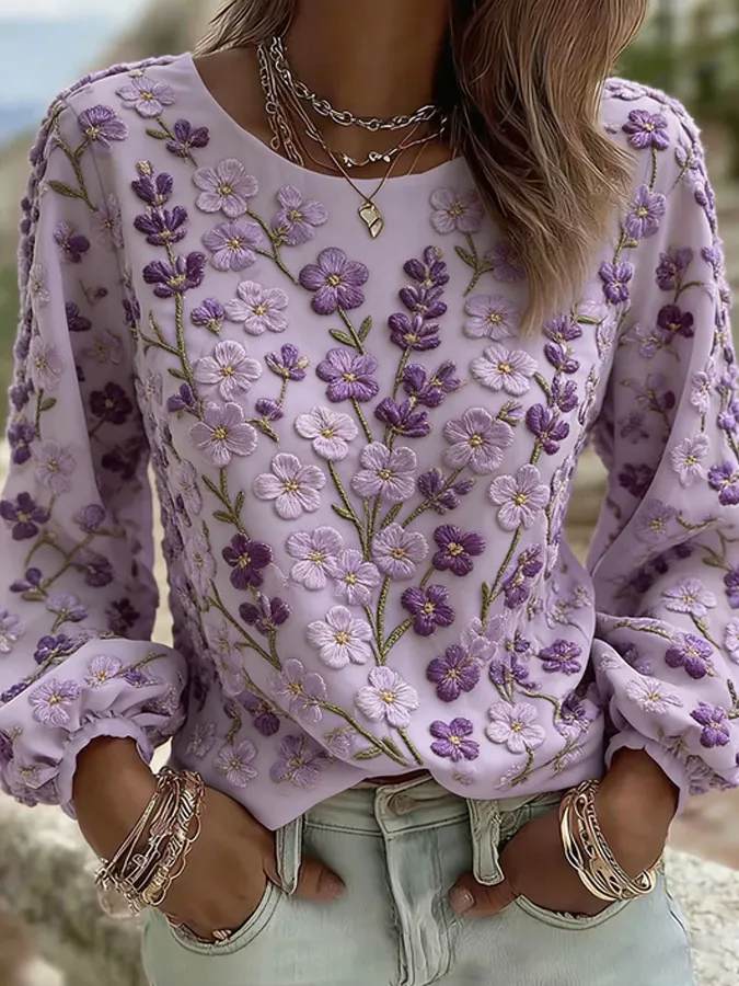 Women'S Floral Art Pattern Cotton And Linen Top