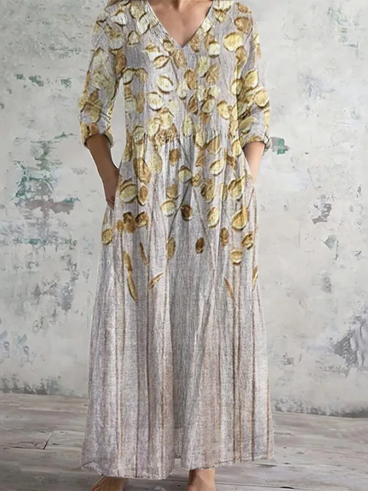 Golden Leaf Print Linen Cotton Maxi Dress