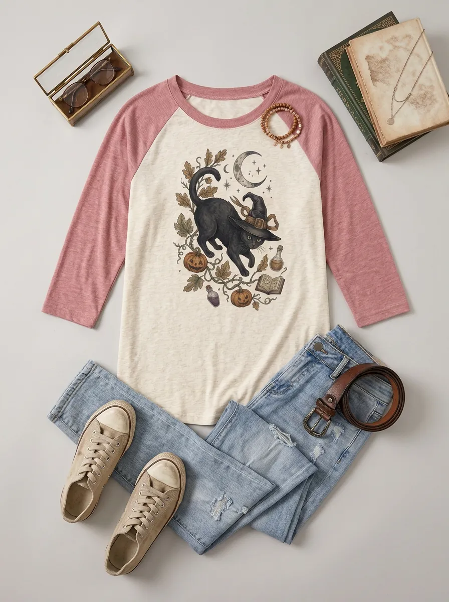 Women's Halloween Witch Cat Pumpkin Moon Printed Raglan T-shirt