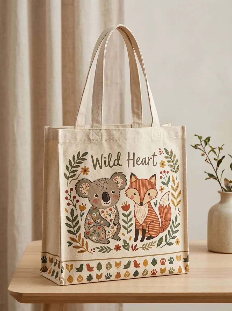 Wild Heart Koala and Fox Floral Printed Tote Bag