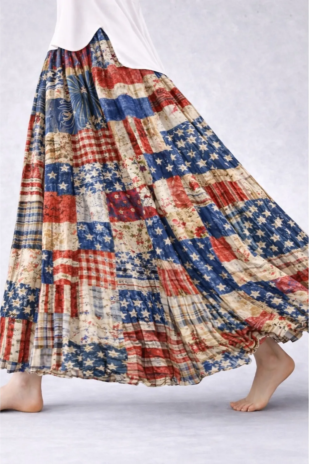 Women's American Flag Patchwork Floral Plaid Print Boho Maxi Skirt