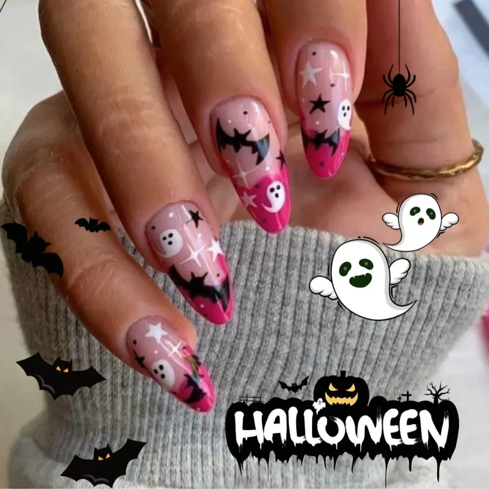 Nailhour 24Pcs Halloween French Medium Almond Press On Nails