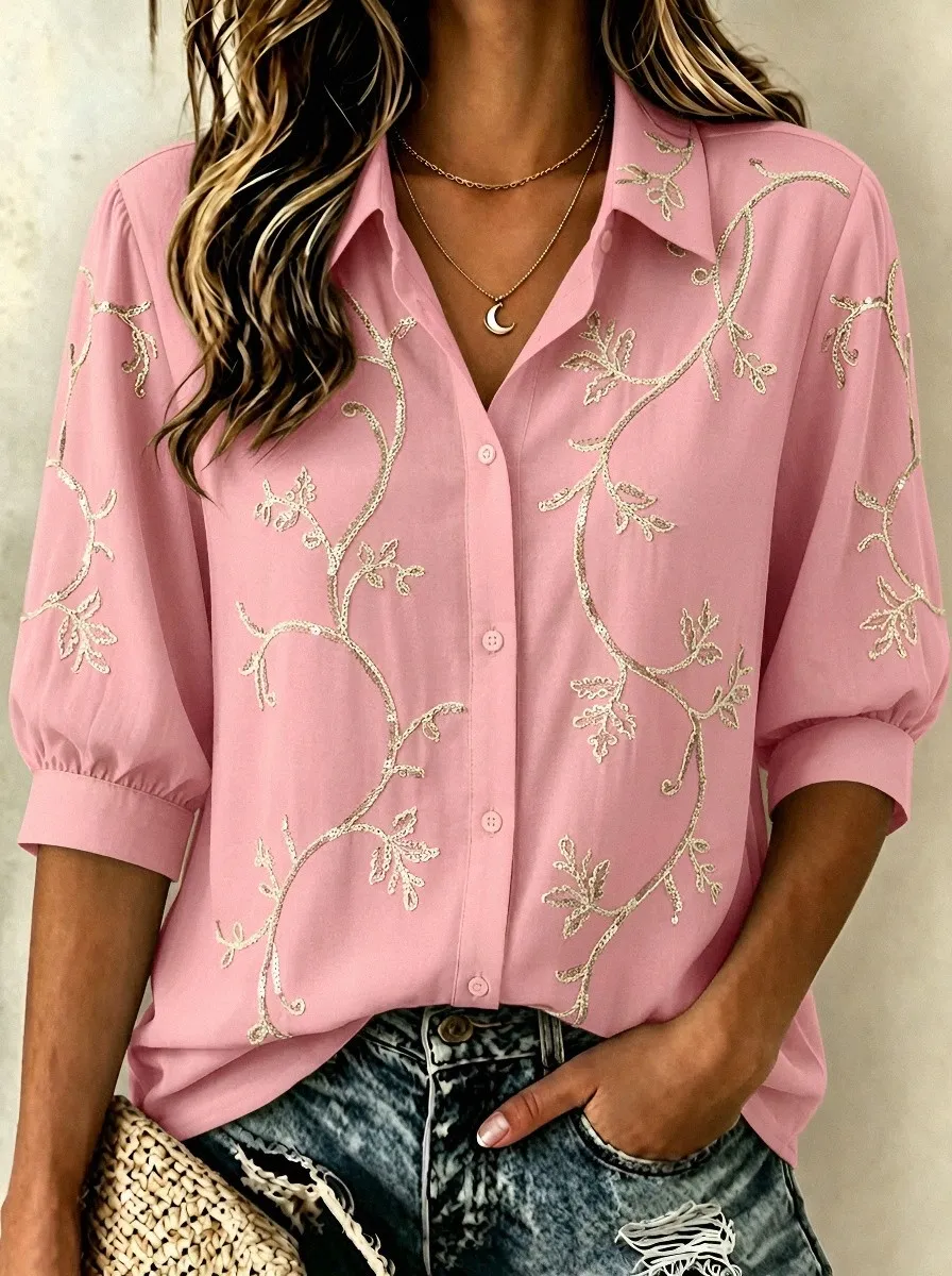 Women's Breast Cancer Awareness Floral Vine Embroidered Button-up Shirt