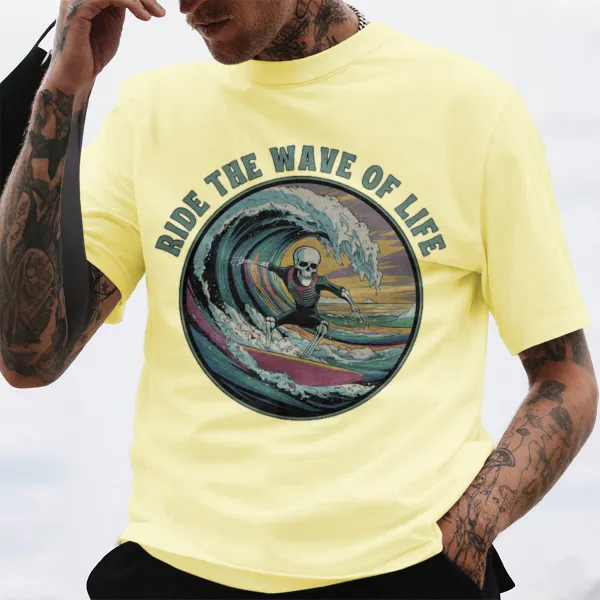 Surfing Skull Wave Themed Graphic T-Shirt