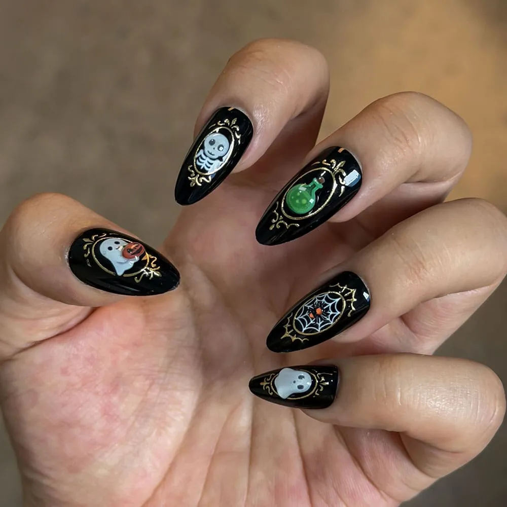 Nailhour 24Pcs Skeleton Ghost Scary 3D Halloween Medium Almond Press On Nails