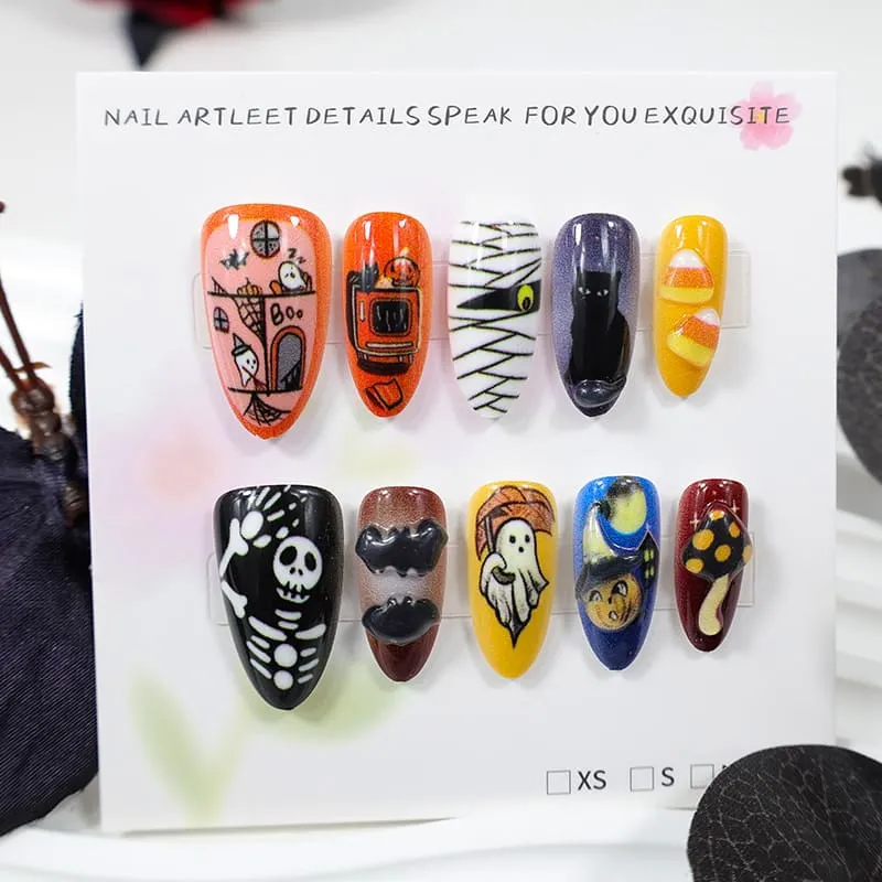 Nailhour 30Pcs Ghost Skeleton Halloween 3D Medium Almond Press On Nails