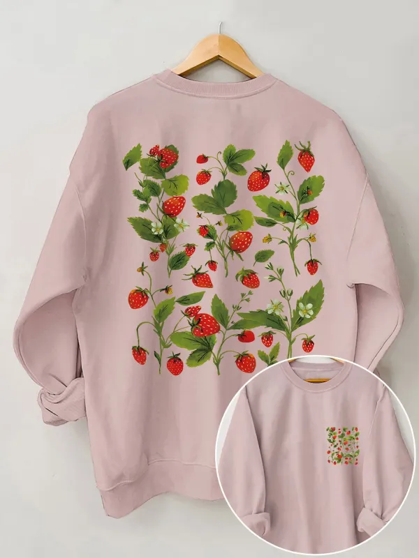 Strawberry Green Leaves Print Long Sleeve Women Sweatshirt