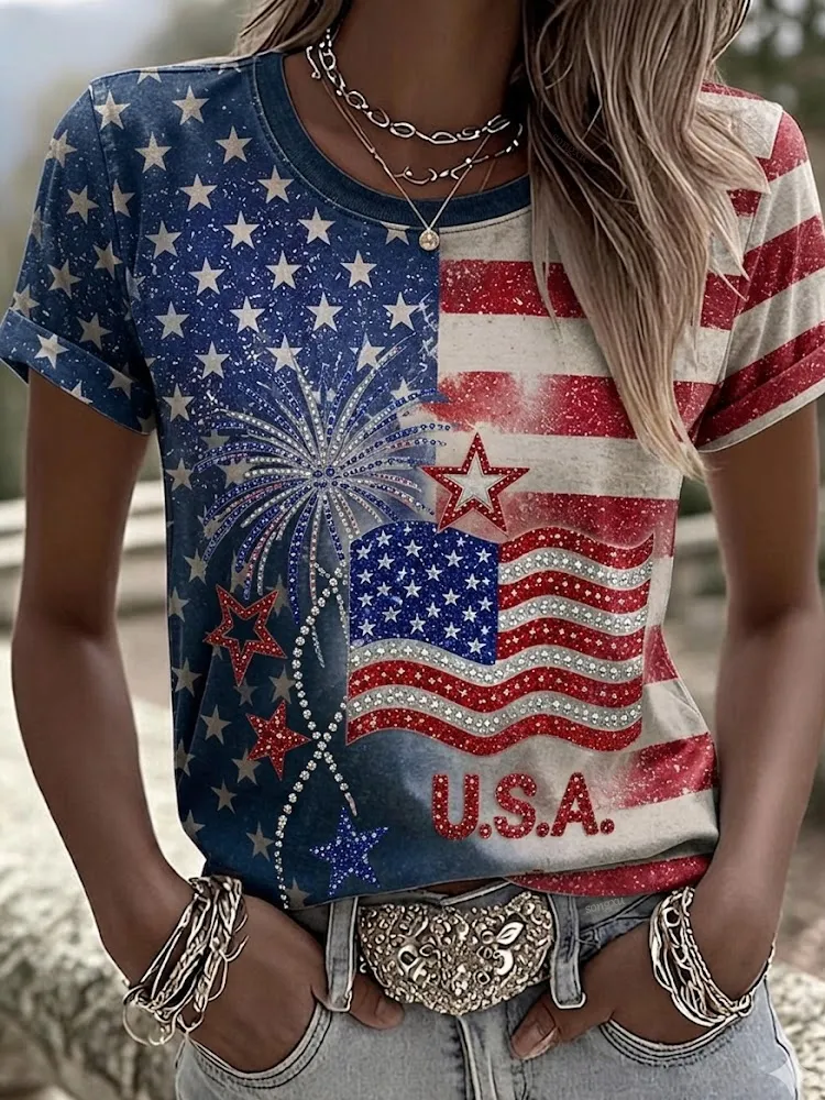 Women's casual American 250th anniversary celebration printed short sleeved T-shirt