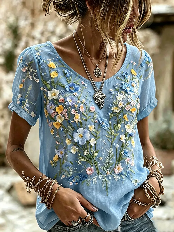 Women's Boho Floral Patchwork Embroidered Puff Sleeve Top