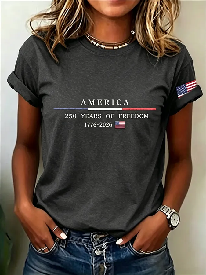 Embroidered Printed Round Neck Short Sleeved T-Shirt Commemorating The 250Th Anniversary Of The United States