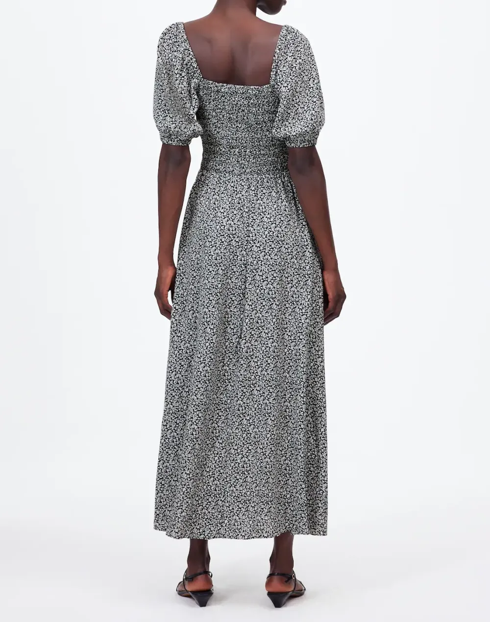 Smocked Puff-Sleeve Midi Dress In Floral