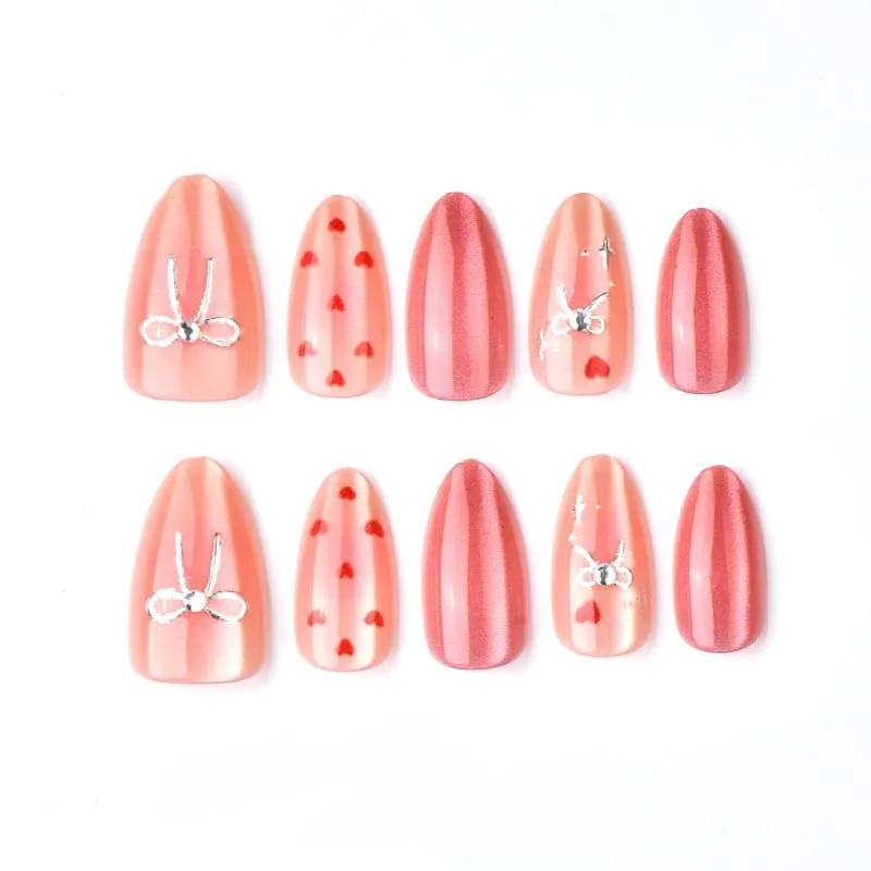 Nailhour 30Pcs Pink Cat Eye Gilded Medium Almond Gilded Cute Press On Nails