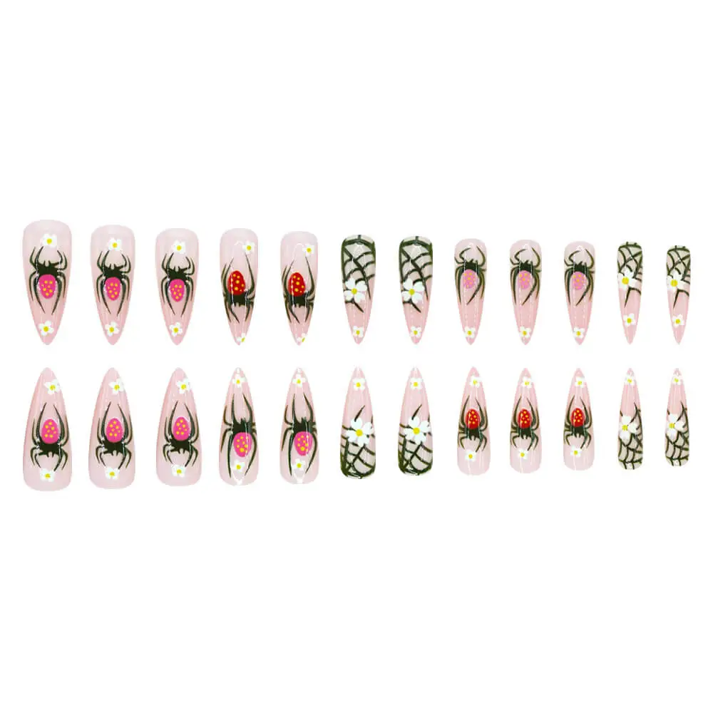 Nailhour 24Pcs Halloween 3D Long Almond Spider Motif Press On Nails