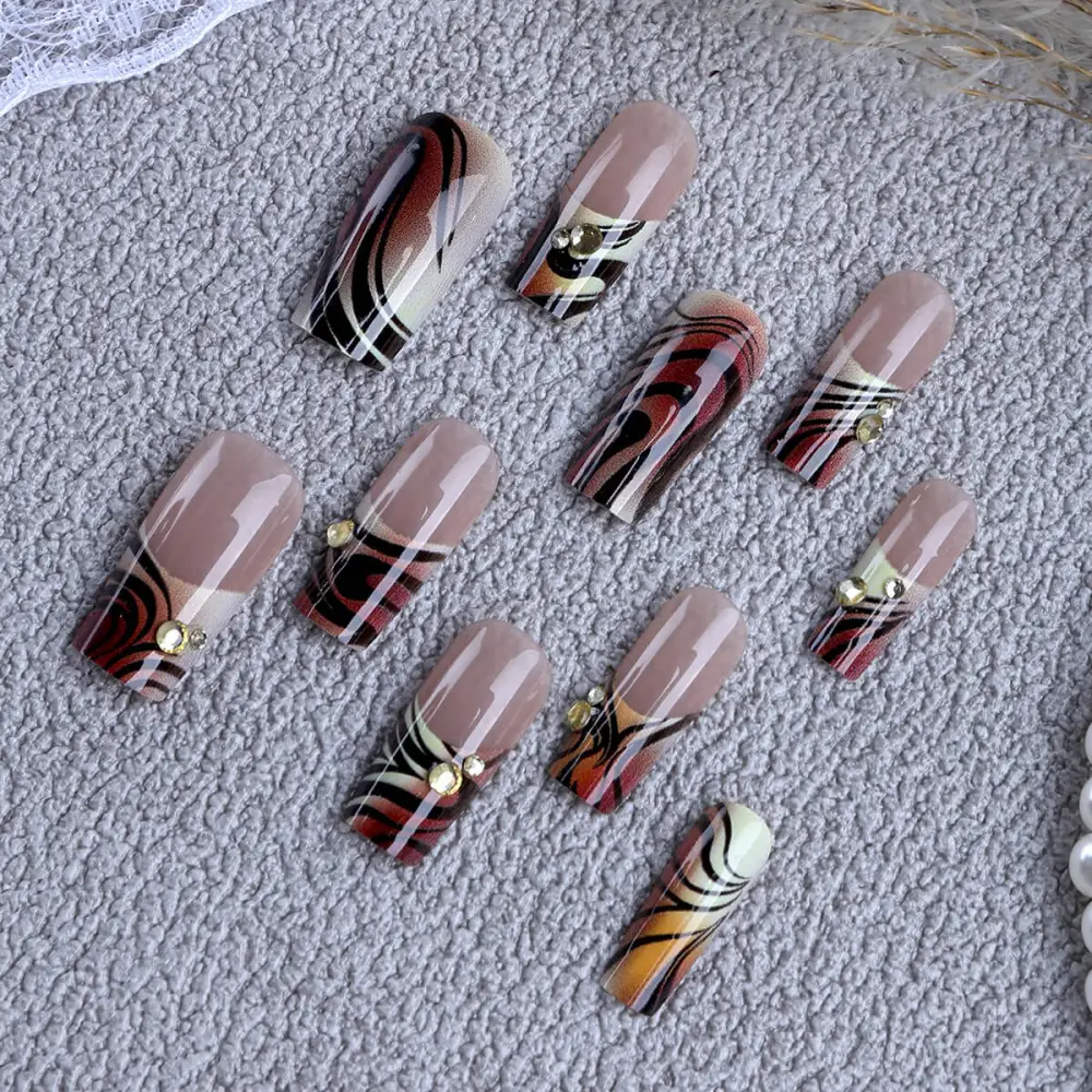 Nailhour 24Pcs French Vintage Long Square Press On Nails