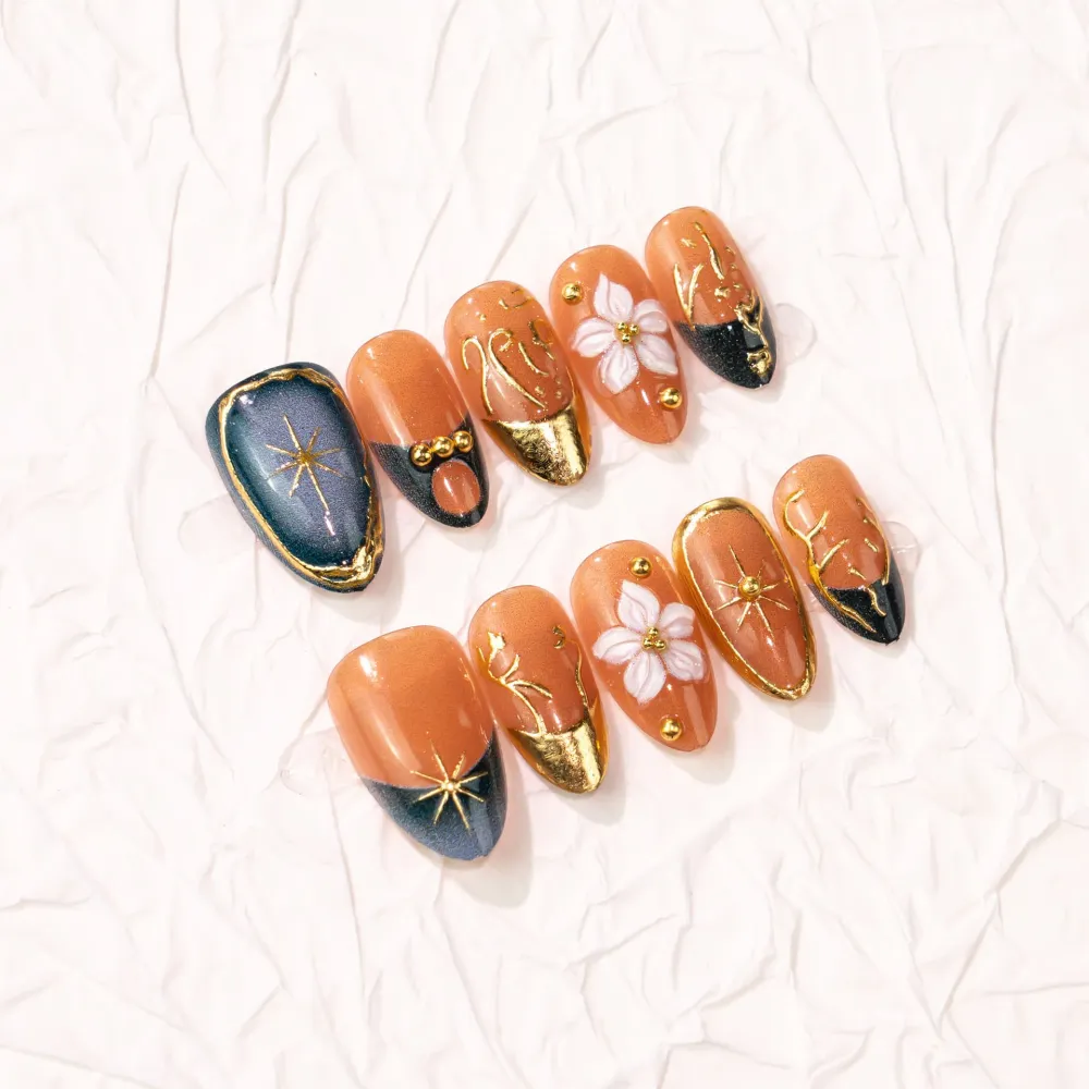 Nailhour 30Pcs Floral 3D Medium Almond Gilded French Press On Nails