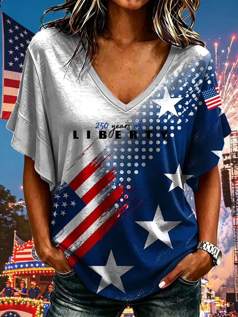 Women'S Cotton Linen 250 Years Of America  Print Casual Shirt