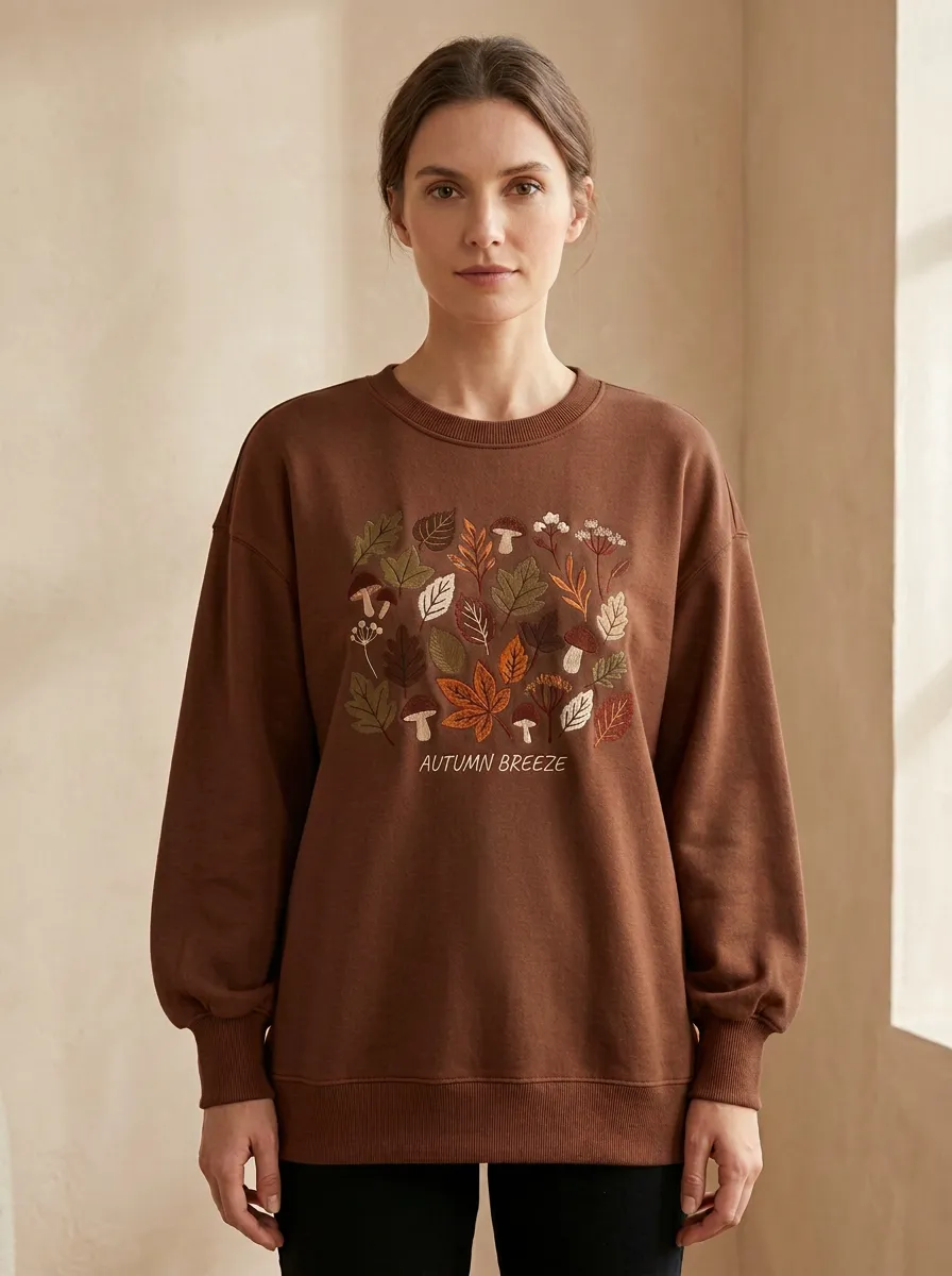 Mushroom Leaf Embroidered Women's Graphic Sweatshirt
