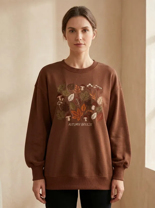 Mushroom Leaf Embroidered Women's Graphic Sweatshirt