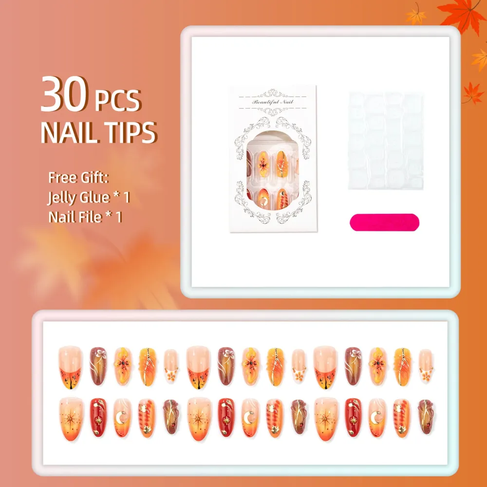 Nailhour 30Pcs Gilded Maple Leaves Medium Almond 3D Press On Nails