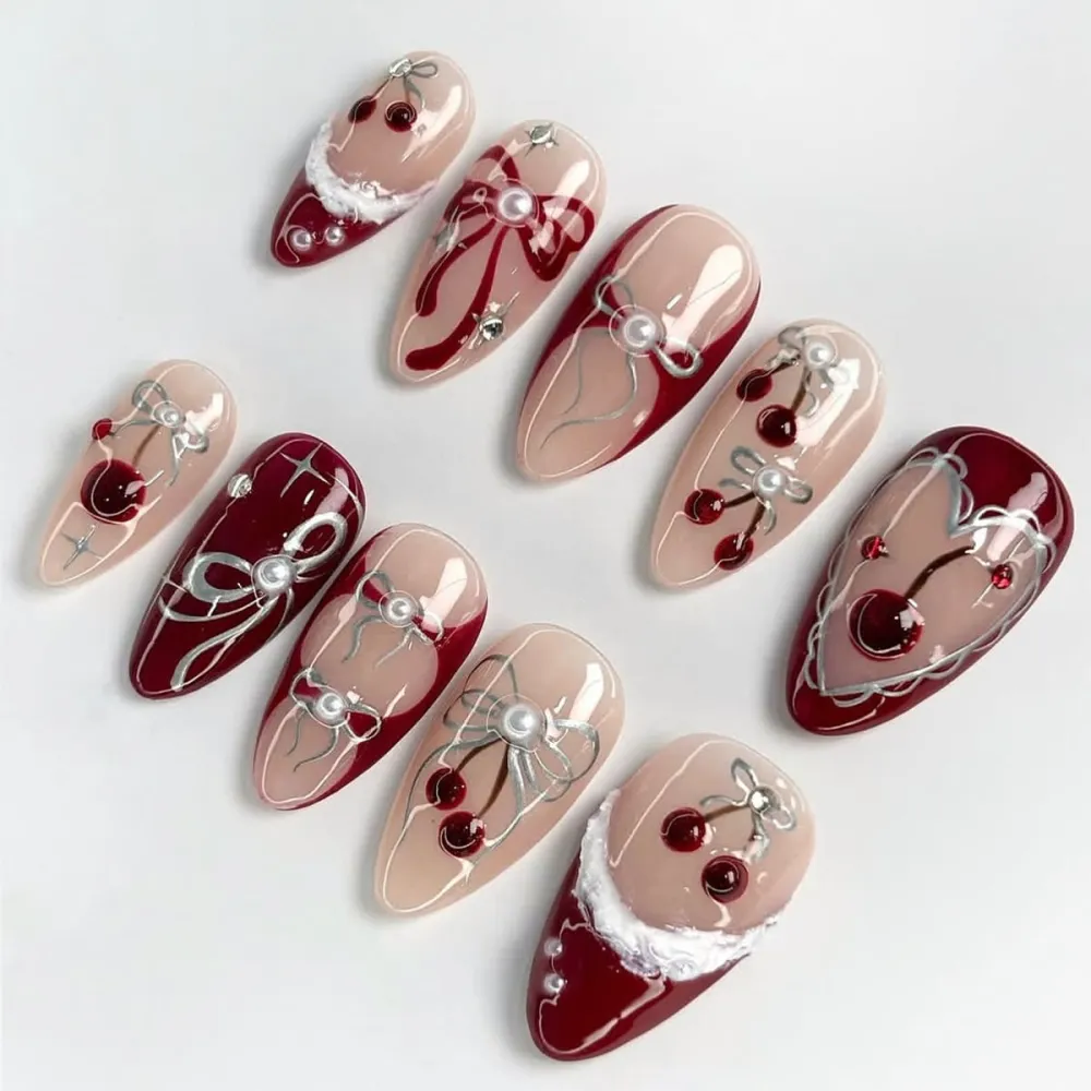 Nailhour 30Pcs Christmas Cherry 3D Medium Almond French Press On Nails