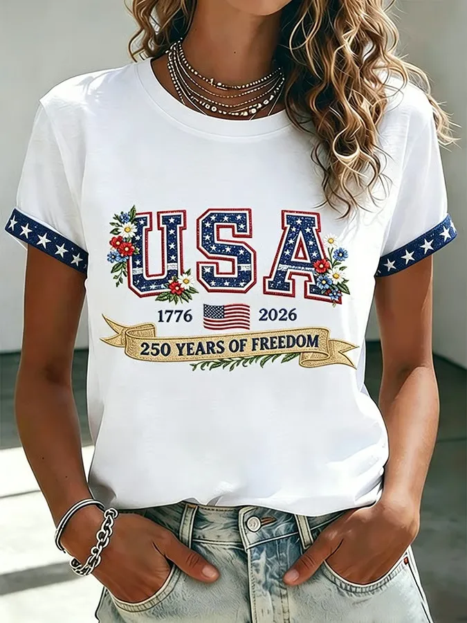 Women's 250 Years Of Freedom Flower Art Print T-shirt