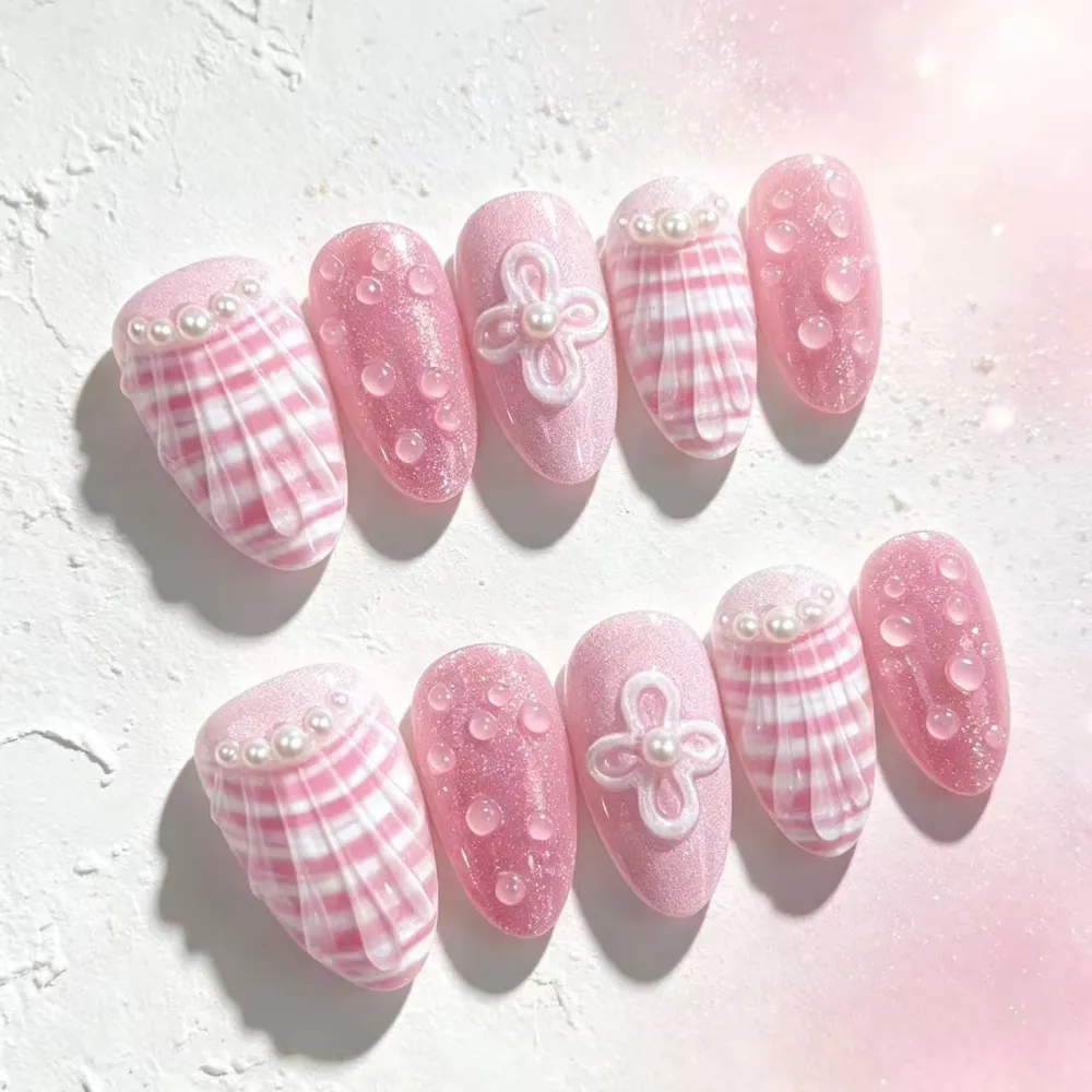 Nailhour 30Pcs Pink 3D Bubble Medium Almond French Press On Nails
