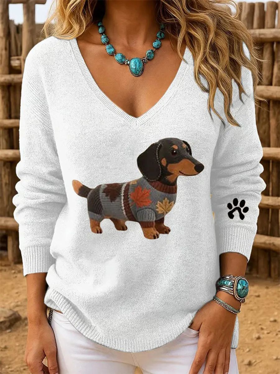 Women's Dog Art Print V Neck Sweater