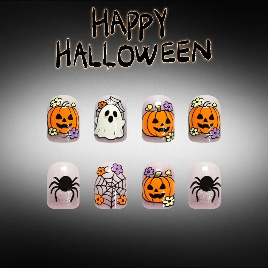 Nailhour 24Pcs Cute Pumpkin Ghost Halloween Short Squoval Press On Nails