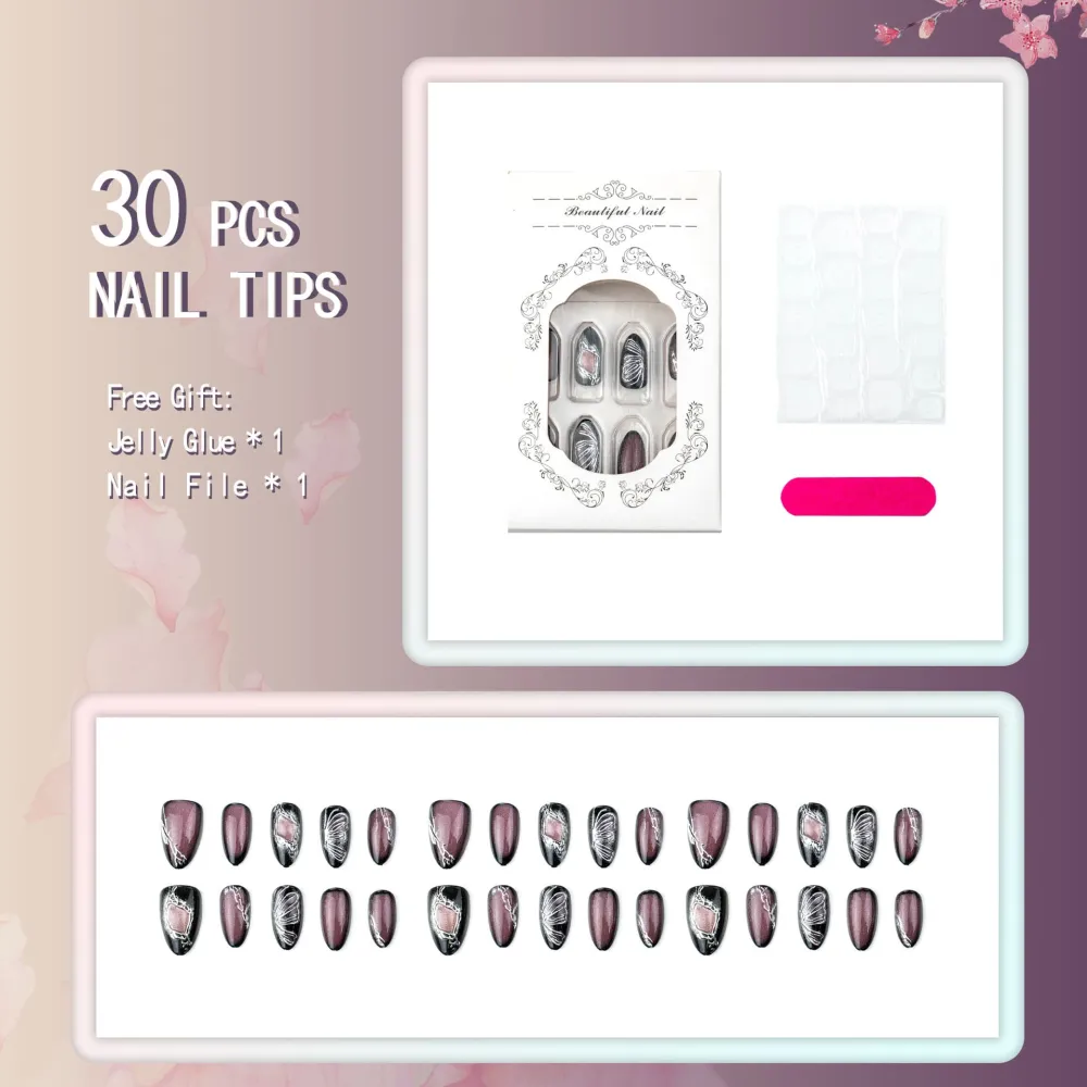 Nailhour 30Pcs Purple Gilded Gothic Medium Almond Press On Nails