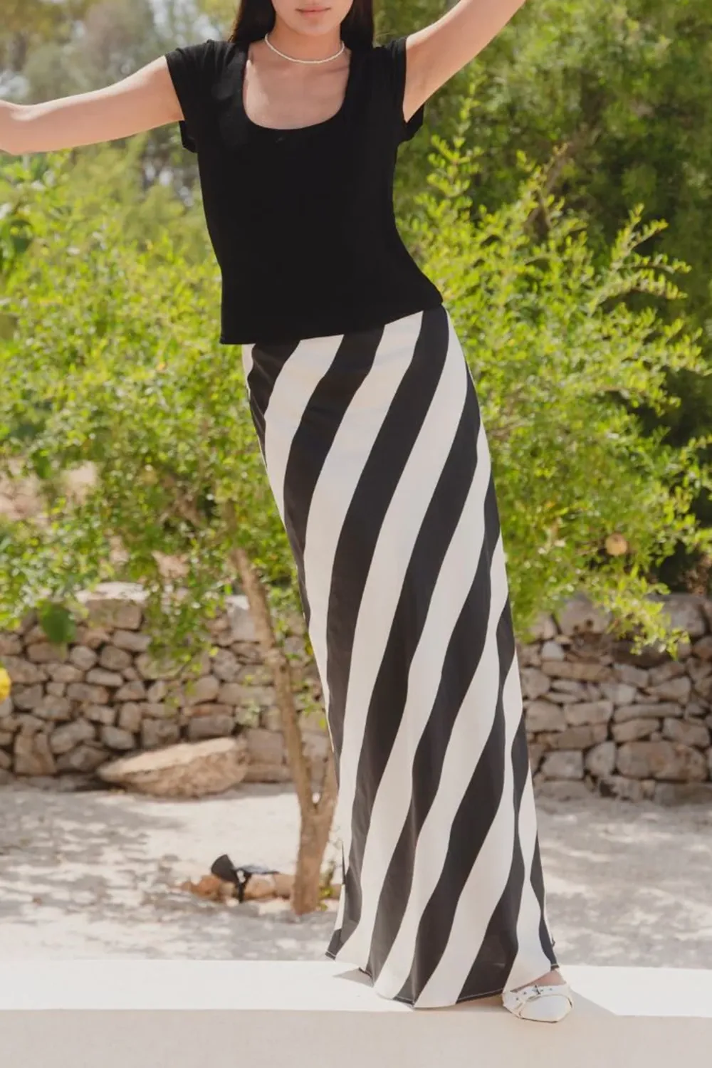 Black White Stripe Bias Cut Skirt