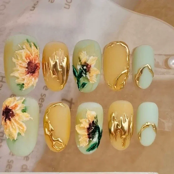 Nailhour 10pcs Handmade Van Gogh's Sunflowers Flower Yellow Press On Nails