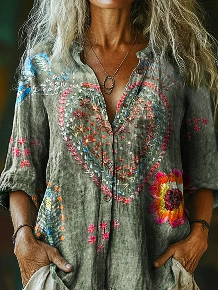 Women's Vintage Bohemian Floral Art Print Casual V Neck Long Sleeve Tops
