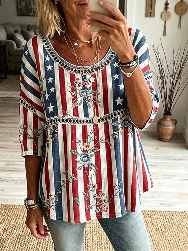 Women's American Flag Stripe Floral Embroidered Peplum Blouse