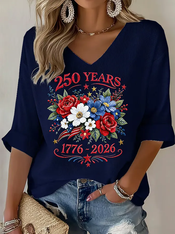 Women's American 250th Anniversary Three-Quarter Sleeve V-Neck Top