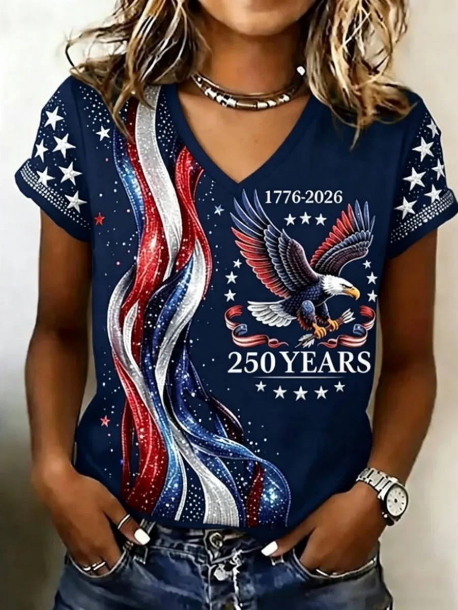 Retro 250th Anniversary Glitter Design Women's V Neck T-Shirt