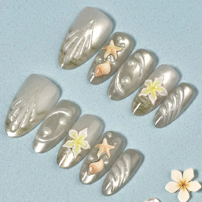 Nailhour 30Pcs Star 3D Medium Almond French Cat Eye Press On Nails