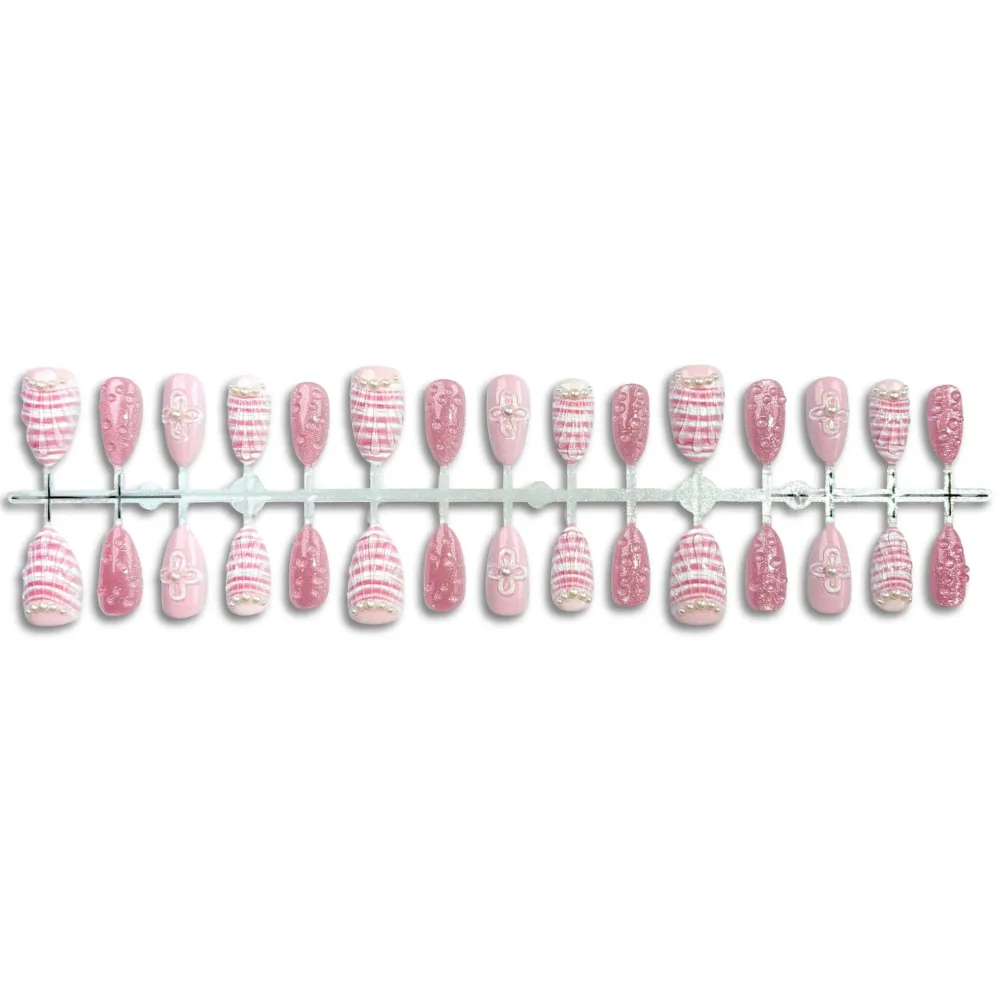 Nailhour 30Pcs Pink 3D Bubble Medium Almond French Press On Nails