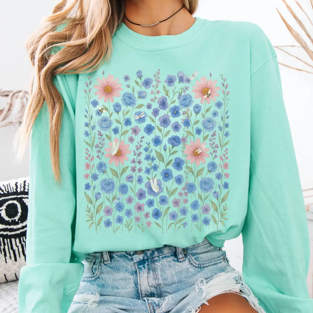 Blue Violet Wildflowers Long Sleeve Shirt