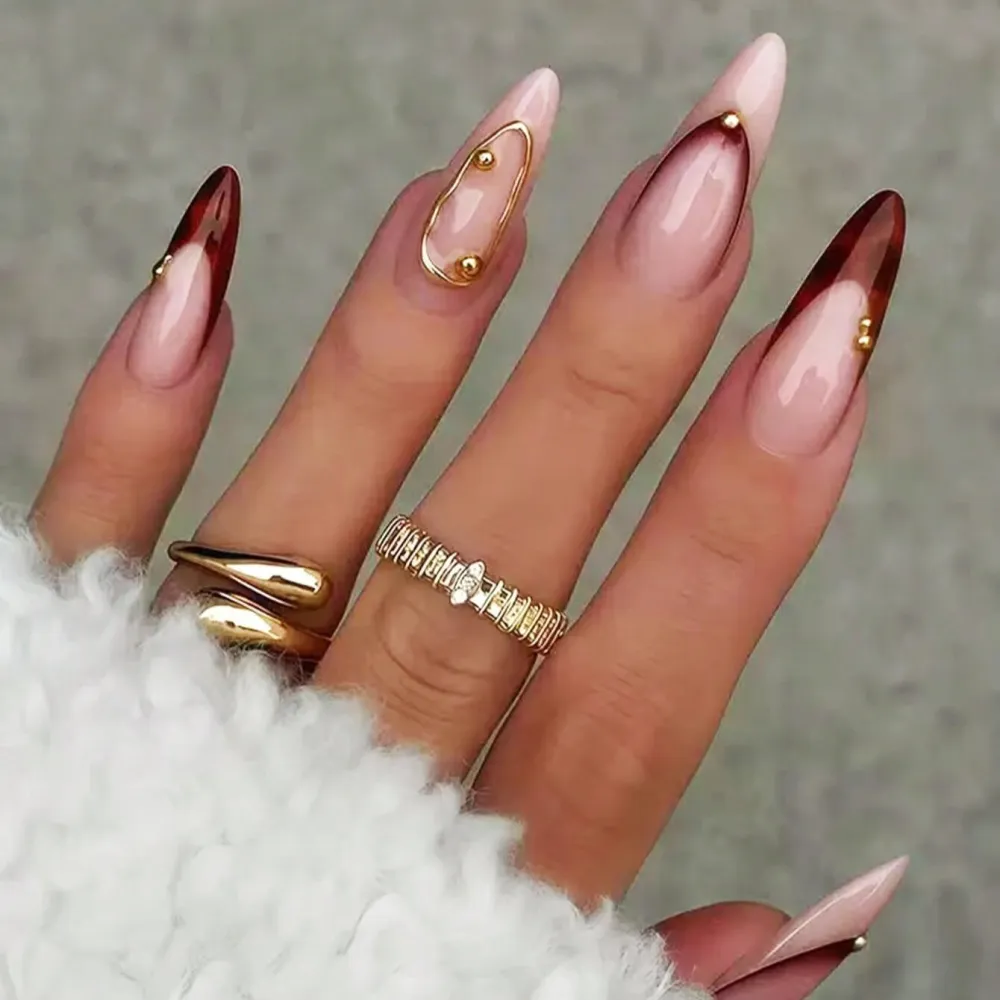 Nailhour 10Pcs French Long Almond Gilded Rhinestone Press On Nails