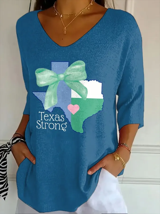 V- Neck Retro Texas Strong Green Bow Print Top