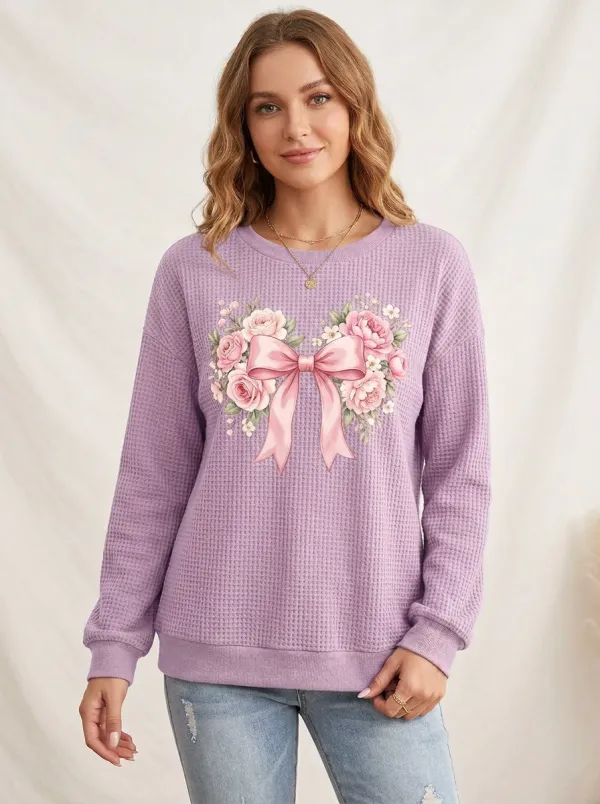 Women's Breast Cancer Awareness Floral Bow Printed Waffle Knit Sweatshirt