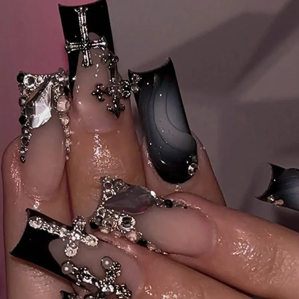 Nailhour Black Square 24Pcs Y2K French Gothic Cross Design Press-On Nails