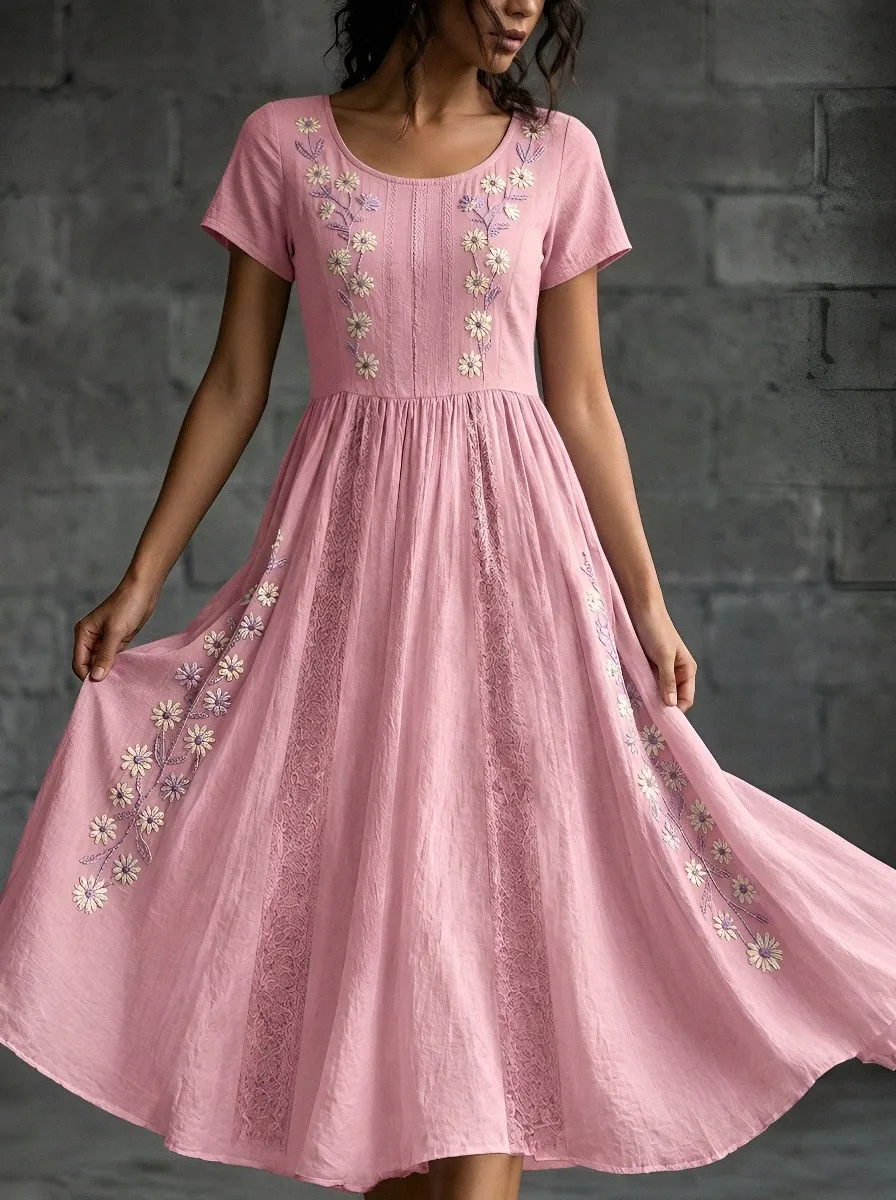 Women's Breast Cancer Awareness Floral Embroidered Printed Dress